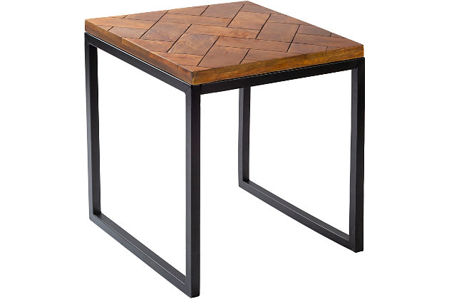 Our stratford collection offers an accenturing presentation of the modern form that will competently revitalize your decor space. These pieces are hand crafted, creating a certain atmospheric sophistication that can only be created by a handmade decor piece.  for optimal product care, wipe clean with a dry cloth. Manufacturers 30 day limited warranty.Accent table | Colors: base: black | Materials: top: wood, base: metal | Created in india