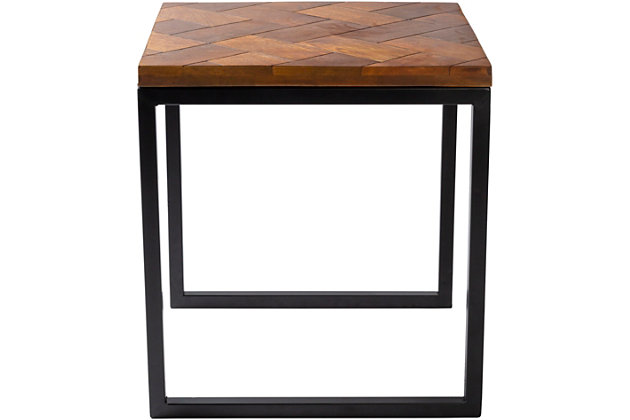 Our stratford collection offers an accenturing presentation of the modern form that will competently revitalize your decor space. These pieces are hand crafted, creating a certain atmospheric sophistication that can only be created by a handmade decor piece.  for optimal product care, wipe clean with a dry cloth. Manufacturers 30 day limited warranty.Accent table | Colors: base: black | Materials: top: wood, base: metal | Created in india