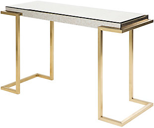Our saavedra collection offers an accenturing presentation of the modern form that will competently revitalize your decor space. These pieces are hand crafted, creating a certain atmospheric sophistication that can only be created by a handmade decor piece.  for optimal product care, wipe clean with a dry cloth. Manufacturers 30 day limited warranty.Console table | Colors: base: gold | Materials: top: glass, base: metal | Created in china