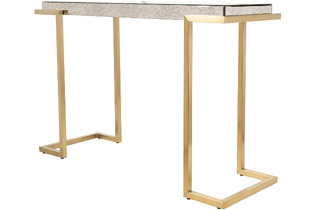 Our saavedra collection offers an accenturing presentation of the modern form that will competently revitalize your decor space. These pieces are hand crafted, creating a certain atmospheric sophistication that can only be created by a handmade decor piece.  for optimal product care, wipe clean with a dry cloth. Manufacturers 30 day limited warranty.Console table | Colors: base: gold | Materials: top: glass, base: metal | Created in china
