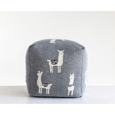 Gray Cotton Knit Pouf With White Llama Images, , rollover