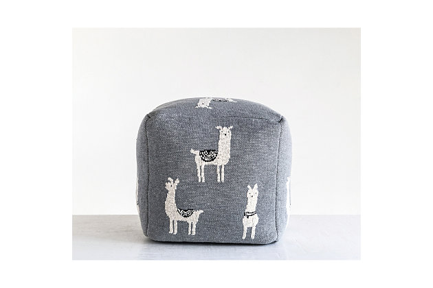 Rest assured, this 15" square cotton knit pouf serves as a posh perch for your feet, little seat for them or impromptu table. Llama-themed design is just the touch for your home on the range.Made of cotton | Gray on white | 15" square | Imported
