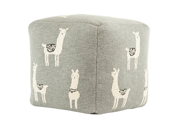 Rest assured, this 15" square cotton knit pouf serves as a posh perch for your feet, little seat for them or impromptu table. Llama-themed design is just the touch for your home on the range.Made of cotton | Gray on white | 15" square | Imported