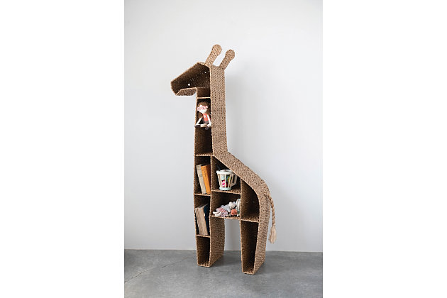 Stretch your storage options with this giraffe-shaped shelving unit. Quality crafted of handwoven bankuan with a sturdy metal frame, it’s packed with possibilities thanks to 10 compartments that free up precious floor space and provide a spot for toys, trinkets, books and more.Made with handwoven bankuan | Metal frame | 10 storage compartments | 18" w x 10" d x 58" h