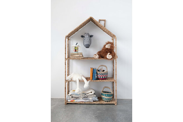 This house-shaped bankuan shelving unit is sure to make your house that much more of a home. Three levels provide storage space for everything from toys and trinkets to blankets and bedding. Foldable design makes it easy to move it from room to room.Made of woven bankuan | Handy foldable design | Perfect for blankets, toys and miscellaneous items | 32" w x 12" d x 54" h