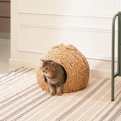 Vifah Amelia 18" Round Hand-woven Water Hyacinth Cat House with Cushion, , rollover