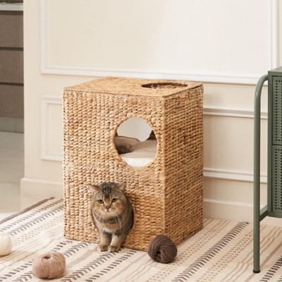 Vifah Liliana 18" Hand-woven Water Hyacinth 5-Hole Cat House with Cushions, , rollover