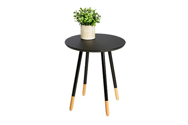 This sleek round end table will look right at home, no matter your space, and offer tabletop space, whether for a cup of coffee, the remote or even a small plant.Sleek, modern design end table with a playful 2-tone finish | Sturdy legs offer stable support | Materials: mdf | Dimensions: 17.5"-dia. X 21"h