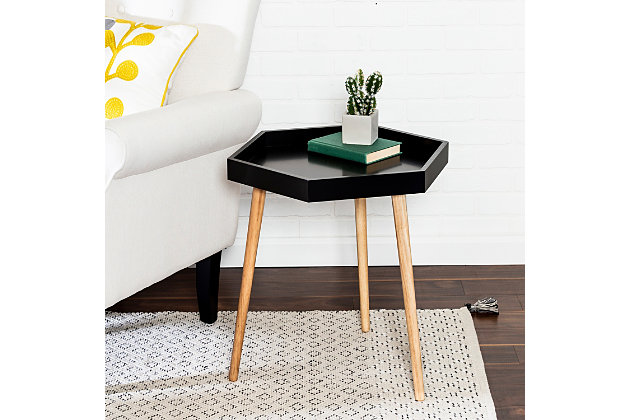 This sleek hexagon end table will look right at home, no matter your space, and offer tabletop space, whether for a cup of coffee, the remote or even a small plant.Unique hexagonal side table spices up the room and fits easily in small spaces | Materials: mdf | Dimensions: 21"l x 18"w x 22"h | Weight capacity: 25 lbs