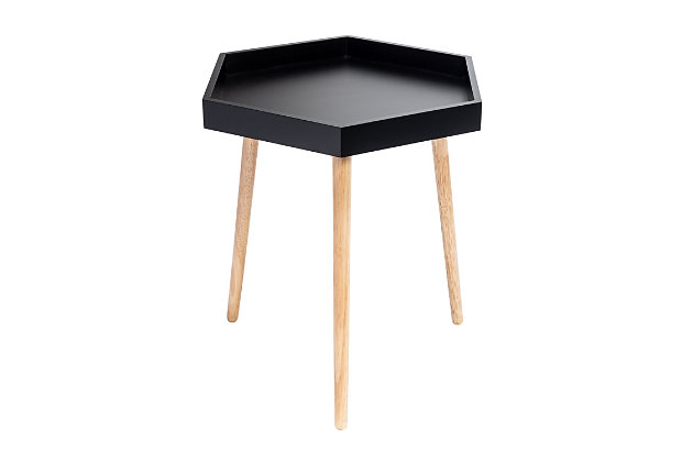 This sleek hexagon end table will look right at home, no matter your space, and offer tabletop space, whether for a cup of coffee, the remote or even a small plant.Unique hexagonal side table spices up the room and fits easily in small spaces | Materials: mdf | Dimensions: 21"l x 18"w x 22"h | Weight capacity: 25 lbs