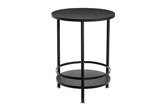 This 2-tier round side table screams simplicity, with its sophisticated black color the perfect complement to any furniture. Put magazines on the bottom shelf of the end table and your favorite family picture on the top, or keep the top clean and use it as the spot to rest your cup of coffee.Simple round side table for displaying photos or other accessories | 2-tiers provide double the display or storage space | Sleek black finish fits with any décor | Mdf material with pvc tubes
