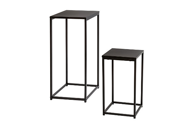 This set of 2 black side tables brings a mixture of style and substance to your space. One large table (13"L x 13"W x 29"H) and one small (12"L x 12"W x 21"H) can stand on their own or double up the end tables to act as a design statement. Nest the smaller one under the larger one for easy storage when not in use.One large and one smaller square table | Smaller table nests neatly under larger one for easy storage | Clean lines create ideal living room accents to any furniture decor | Made of all steel with a metal top