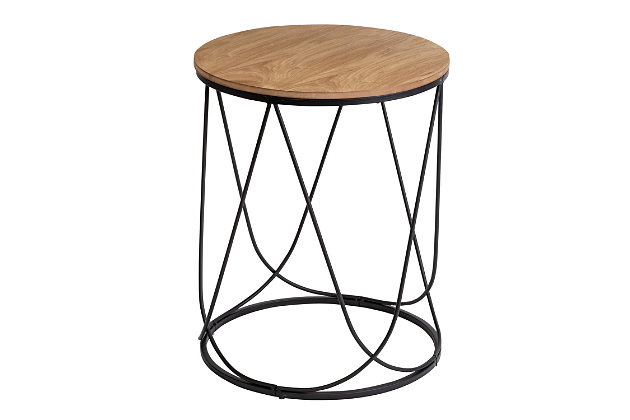 This round side table is the perfect fit to sit beside a sofa or living room chair. Display photographs or accessories on top, or use it as an end table to set a cup of coffee on. The round black frame and natural table top finish makes it the perfect accent piece for your space, no matter the decor.Simple side table acts as perfect end table for your living room | Mdf top with veneer, metal tub base | Dimensions: 19"-dia. X 24"h | Tbl-08801