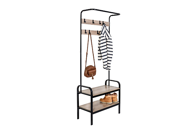 This sophisticated entryway organizer includes two levels of coat hooks to hold hats, jackets, keys or coats. The mdf shelves hold several pairs of shoes, or accessorize with small baskets for gloves or a dog leash. The top shelf/bench is great for setting bags, purses, backpacks and more as you walk in the door.Eight hooks to hang coats, jackets and hoodie | Shoe rack shelf can hold 4-6 pairs of shoes | Storage bench for additional grab-and-go items | Clean, sophisticated look adds design element to entryway space