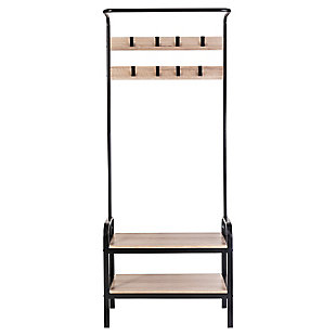 This sophisticated entryway organizer includes two levels of coat hooks to hold hats, jackets, keys or coats. The mdf shelves hold several pairs of shoes, or accessorize with small baskets for gloves or a dog leash. The top shelf/bench is great for setting bags, purses, backpacks and more as you walk in the door.Eight hooks to hang coats, jackets and hoodie | Shoe rack shelf can hold 4-6 pairs of shoes | Storage bench for additional grab-and-go items | Clean, sophisticated look adds design element to entryway space