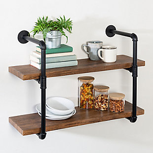Vertical storage never looked so good. Display picture frames, books, plants, whatever your heart desires, and do so with style with this 2-tier black industrial wall shelf that holds up to 30-lbs per shelf. Easy assembly will have you up and running quickly, and the sleek black piping frame will add elegance with a touch of edgy to your space.Vertical storage maximizes space | Industrial shelf design brings sophistication to your space | Powder-coated black steel with mdf shelves | 30-lb weight capacity per shelf