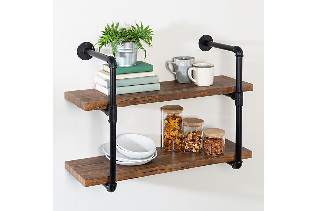 Vertical storage never looked so good. Display picture frames, books, plants, whatever your heart desires, and do so with style with this 2-tier black industrial wall shelf that holds up to 30-lbs per shelf. Easy assembly will have you up and running quickly, and the sleek black piping frame will add elegance with a touch of edgy to your space.Vertical storage maximizes space | Industrial shelf design brings sophistication to your space | Powder-coated black steel with mdf shelves | 30-lb weight capacity per shelf