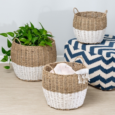 Honey-Can-Do Round Nesting Seagrass 2-Color Baskets with Handles (Set of 3), Brown/White