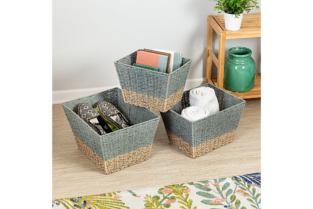 No matter the room, you your need for it to be neat and tidy is unparalleled. Now’s your chance with these three square storage baskets that can hold anything from throw towels to books to computer cords. These nesting storage baskets are stackable for easy storage when not in use, and in addition to their undisputed functionality, the two-colored seagrass design brings a unique design element to your space.Simple storage for small items and accessories | Perfect for any room in the home | Durable material with natural design | Dimensions: Large – 17”W x 13.25”D x 10.25”H; Medium - 14.5”W x 12”D x 10”H Small - 12.5”W x 10.25”D x 9”H