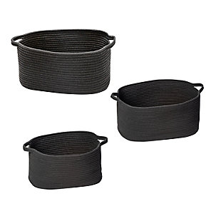 Simple and functional, this soft-to-the-touch 3-piece set of cotton coil baskets is your go-anywhere/do-anything catch all for storage. Baskets look decorative in any setting and have handles so you can easily move things around your space. Store anything from linens to bathroom accessories, and store it in style.Cotton baskets can be used to store anything from linens to accessories to toiletries and more | Set nests so bins can stack when not in use | Easily transport items from room to room with convenient built-in handles | Dimensions: small 15"l x 9"w x 8"h; medium 16"l x 11"w x 9"h; large 19"l x 13"w x 10"h