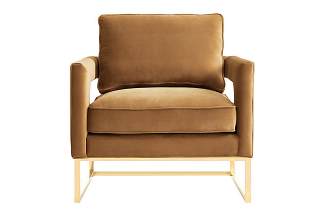 Inspired by our love for luxe, modern design the Avery chair radiates sophistication and grandeur. With a glossy gold finish and gorgeous curves, this chair is available in several sumptuous upholstery options. The Avery is a must-have for any room.Handmade by skilled furniture craftsmen | Gold stainless steel legs | Comfortable durable material | Removable back seat cushion | High density foam seat cushion