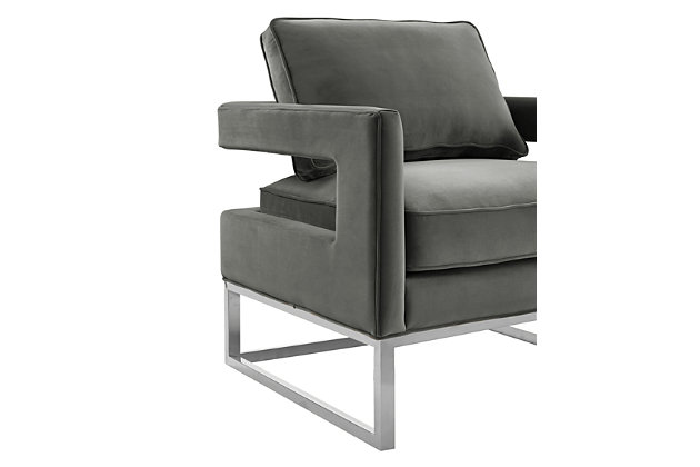 Inspired by our love for luxe, modern design the Avery chair radiates sophistication and grandeur. With a glossy silver finish and gorgeous curves, this chair is available in several sumptuous upholstery options. The Avery is a must-have for any room.Handmade by skilled furniture craftsmen | Stainless steel legs | Comfortable durable material | Removable back seat cushion | High density foam seat cushion