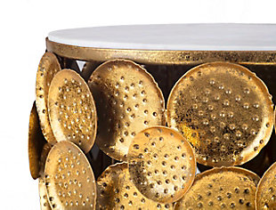 The Brie side table is a true work of art. Its marble top perched upon a base of dozens of hand hammered discs make this unique table a stunning enhancement to any room. As this is a handmade product, slight variations are to be expected and may result in small gaps between the marble and frame.Completely handmade by master artisans | Hand hammered table with marble top | No assembly required | Crafted in India
