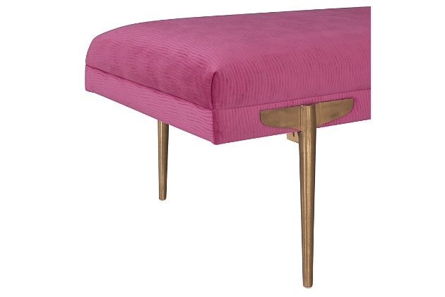 We know you'll love our elegant Brno velvet bench. Soft, textured upholstery perched upon four stylish gold legs, allow this bench to shine in any space. The Brno is available in several color options.Completely handmade by master furniture craftsmen | Sumptuous velvet upholstery available in multiple color options | Gold stainless steel legs | Minor assembly required