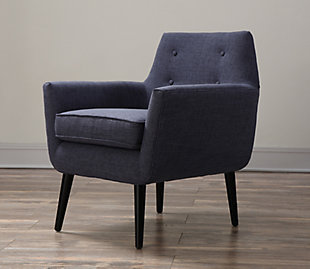 Our Clyde chair has a clean Mid-Century aesthetic while the small scale button tufting adds a pop of personality. Perched on solid wood legs, this chair is a true classic and is a fashionable addition to living rooms, bedrooms and entryways. Available in gray, Beige, Navy and Mustard   .Handcrafted for perfection | Solid beechwood frame | Button tufted back | Removable seat cushion | Ships assembled