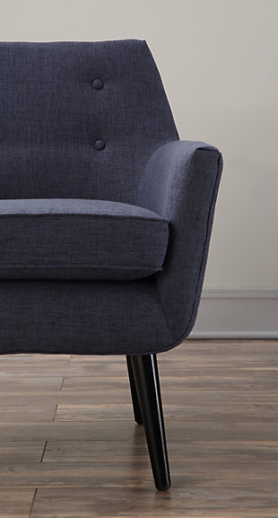 Our Clyde chair has a clean Mid-Century aesthetic while the small scale button tufting adds a pop of personality. Perched on solid wood legs, this chair is a true classic and is a fashionable addition to living rooms, bedrooms and entryways. Available in gray, Beige, Navy and Mustard   .Handcrafted for perfection | Solid beechwood frame | Button tufted back | Removable seat cushion | Ships assembled