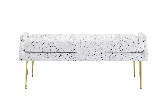 Be a trendsetter with the Eileen Velvet Bench. Featuring elegant gold legs and lush button tufting put this versatile bench in your entryway, living room, or bedroom. It will definitely get noticed. Available in a several exciting color optionsHandmade by skilled furniture craftsmen | Stainless Steel Gold Legs | Sumptuous velvet upholstery | Easy to assemble | Button tufts