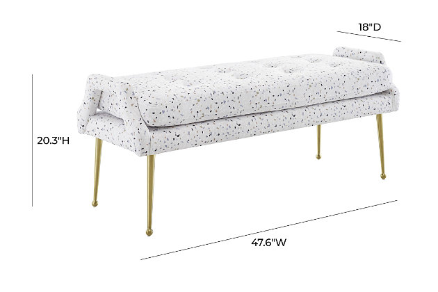 Be a trendsetter with the Eileen Velvet Bench. Featuring elegant gold legs and lush button tufting put this versatile bench in your entryway, living room, or bedroom. It will definitely get noticed. Available in a several exciting color optionsHandmade by skilled furniture craftsmen | Stainless Steel Gold Legs | Sumptuous velvet upholstery | Easy to assemble | Button tufts