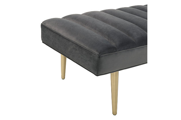 Add something iconic to your home with the Jax bench. Eye catching and elegant it's the perfect accent piece to welcome you as you enter your home, living room or bedroom. Sit in style or place a tray on top to hold your drinks with Jax, the possibilities are endless.Comfortable velvet upholstery and solid wood frame | Gold stainless steel legs | This bench is handmade | Minor assembly required