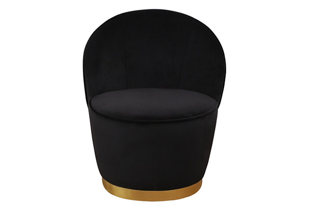 As visually enticing as it is comfortable, this graceful barrel styled chair feels modern and sleek. Lavish velvet upholstery accentuates the elegant curves and craftsmanship which sit on top of a recessed gold base. Available in multiple color options.Part of the TOV Slashed collection | Velvet upholstery is available in multiple color options | Gold colored Pine wood legs | Shown with the Noches headboard and Cavalli side table | Ships assembled