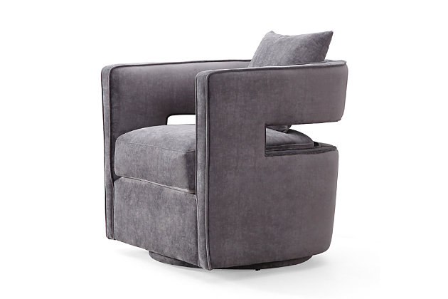 The minimalistic Kennedy swivel chair is versatile and stylish. A comfortable foam fill makes it as plush and inviting as it looks, while the solid wood frame and stainless steel legs set a sturdy foundation. This eye-catching chair will add a pop of style to any space. Available in navy or gray sumptuous velvet.Handmade by skilled furniture craftsmen | Swivel chair with stainless steel base | Soft and sumptuous velvet upholstery | Removable seat cushion | Ships assembled