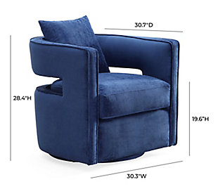 The minimalistic Kennedy swivel chair is versatile and stylish. A comfortable foam fill makes it as plush and inviting as it looks, while the solid wood frame and stainless steel legs set a sturdy foundation. This eye-catching chair will add a pop of style to any space. Available in navy or gray sumptuous velvet.Handmade by skilled furniture craftsmen | Swivel chair with stainless steel base | Soft and sumptuous velvet upholstery | Removable seat cushion | Ships assembled