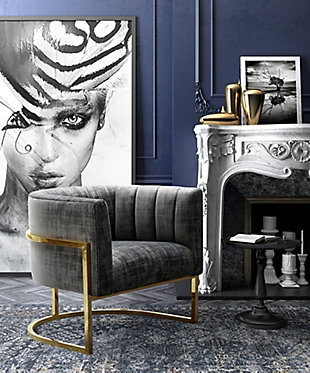 Magnolia Magnolia  Slub Grey Chair with Gold Base, Gray/Gold, rollover