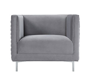 The magnificent Sal chair from TŌV Furniture features an intricate hand woven pattern of plush velvet perched upon glamorous silver legs. Available in multiple sumptuous velvet color options.Handmade by skilled furniture craftsmen | Available in sumptuous sea blue or gray velvet | Shapely stainless steel legs | Minor assembly required