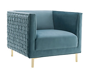 The magnificent Sal chair from TŌV Furniture features an intricate hand woven pattern of plush velvet perched upon glamorous gold legs. Available in multiple sumptuous velvet color options.Handmade by skilled furniture craftsmen | Available in sumptuous sea blue or gray velvet | Shapely gold stainless steel legs | Minor assembly required