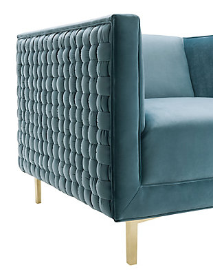 The magnificent Sal chair from TŌV Furniture features an intricate hand woven pattern of plush velvet perched upon glamorous gold legs. Available in multiple sumptuous velvet color options.Handmade by skilled furniture craftsmen | Available in sumptuous sea blue or gray velvet | Shapely gold stainless steel legs | Minor assembly required