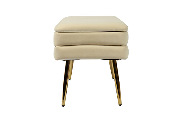 Add a touch of sophistication with the functional and ultra chic Ziva bench. Featuring channel tufting, plush velvet upholstery, polished gold legs and ample storage space to keep your room looking neat and stylish. Available in four exciting color options.Handmade by skilled furniture craftsmen | Storage dimensions: 28.7"W x 12"D x 4.9"H | Channel tufting and gold legs | Available in multiple color options | Minor assembly required
