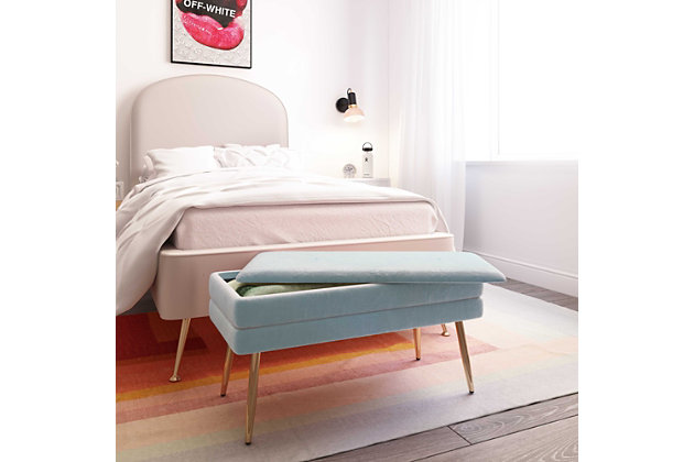 Add a touch of sophistication with the functional and ultra chic Ziva bench. Featuring channel tufting, plush velvet upholstery, polished gold legs and ample storage space to keep your room looking neat and stylish. Available in four exciting color options.Handmade by skilled furniture craftsmen | Storage dimensions: 28.7"W x 12"D x 4.9"H | Channel tufting and gold legs | Available in multiple color options | Minor assembly required