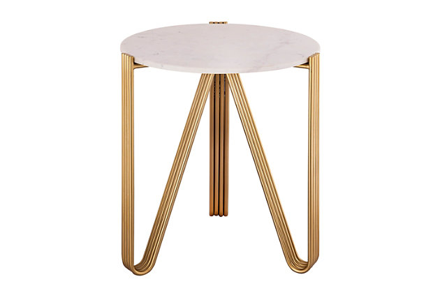 Introducing the Aya side table, a fabulous blend of classic design and understated glamour from Inspire Me! Home Decor and TOV. Handcrafted with a white marble tabletop and supported on curved, iron legs in satin gold, this accent table will enhance any living space.Handmade by skilled furniture craftsmen | Part of the Inspire Me! Home Decor collection | Genuine marble tabletop | Gold iron legs | Crafted in India