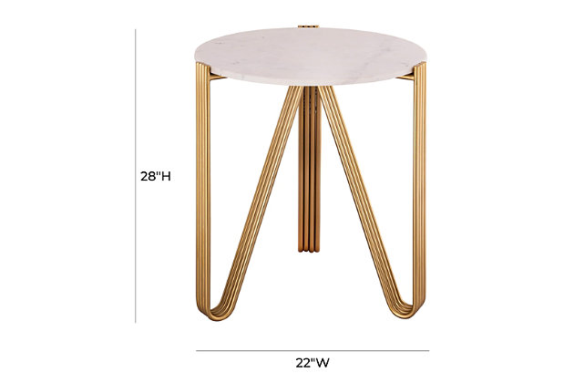 Introducing the Aya side table, a fabulous blend of classic design and understated glamour from Inspire Me! Home Decor and TOV. Handcrafted with a white marble tabletop and supported on curved, iron legs in satin gold, this accent table will enhance any living space.Handmade by skilled furniture craftsmen | Part of the Inspire Me! Home Decor collection | Genuine marble tabletop | Gold iron legs | Crafted in India