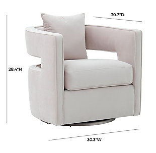 The minimalistic Kennedy swivel chair is versatile and stylish. A comfortable foam fill makes it as plush and inviting as it looks, while the solid wood frame and stainless steel legs set a sturdy foundation. This eye-catching chair will add a pop of style to any space. Available in several sumptuous velvet color options.Handmade by skilled furniture craftsmen | Swivel chair with stainless steel base | Soft and sumptuous velvet upholstery | Removable seat back cushion | Ships assembled