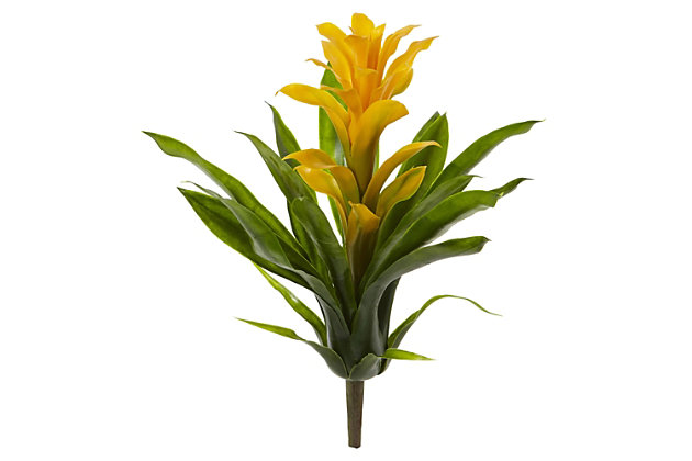 15” Bromeliad Artificial Yellow Flower w/ Green Leaves Nearly Natural Set Of 4 