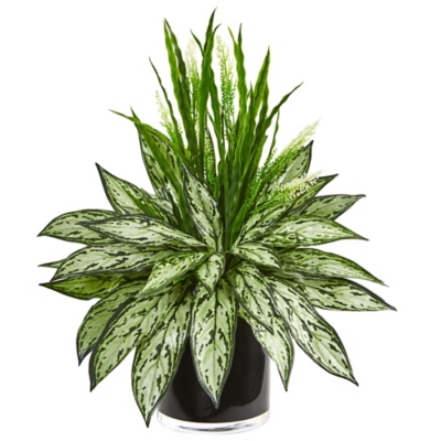 Nearly Natural Silver Queen and Grass Artificial Plant in Black Vase, , large
