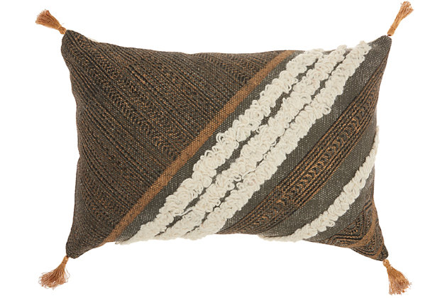With a subtle pattern in soft shades, this throw pillow blends easily with other colors. A nice addition for a sofa, sectional or loveseat, the handcrafted cotton accent pillow adds a touch of charm without overpowering other designs in the room.Cover made of cotton | Polyester fill | Handcrafted | Zipper closure | Spot clean | Imported