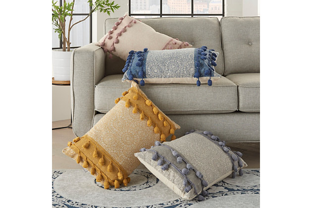 The soft tones of this throw pillow blend easily with most colors and look great on a sofa, sectional or loveseat. The handcrafted cotton accent pillow has a subtle-yet-elegant design and tassels for flair.Cover made of cotton | Polyester fill | Handcrafted | Zipper closure | Spot clean | Imported