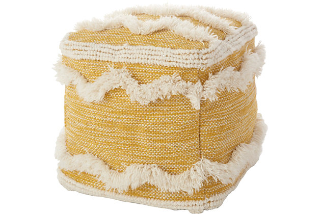 The subtle hues blend easily into the background when this pouf is not being used, but it's ready to step up when needed. Ideal for casual settings, this cotton pouf with fringe is comfortable for sitting or resting your feet.Cover made of cotton | Polystyrene fill | Machine made | Zipper closure | Spot clean | Imported